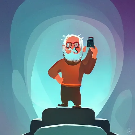 Image similar to cute cartoon character, curled perspective, digital art, beard grandpa taking a photo to a baby girl, anton fadeev