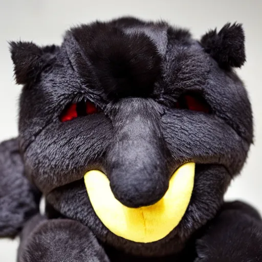 Prompt: a plushie of a cuddly monster with dark fur, yellow eyes, and a sharp - toothed grin, photo