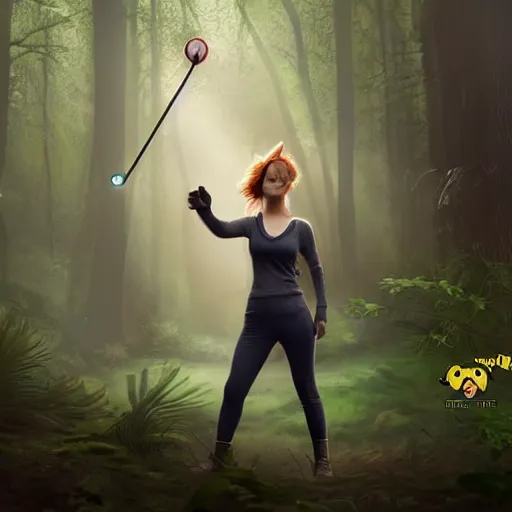 Prompt: jennifer lawrence as a pokemon trainer, in a dark forest, extremely detailed digital art, trending on artstation hyper realistic matte painting