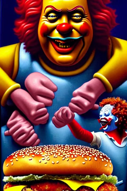 Image similar to a hyperrealistic painting of an epic boss fight ronald mcdonald vs burger king cinematic horror by chris cunningham, lisa frank, richard corben, highly detailed, vivid color,