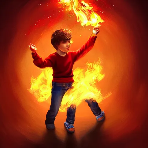 Image similar to colorful and festive captivating young child boy, brown fluffy hair, wearing red and yellow clothes, shooting a fire sphere out of his fist. full body, rich vivid colors, ambient lighting, dynamic lighting, 4 k, atmospheric lighting, painted, intricate, highly detailed by charlie bowater