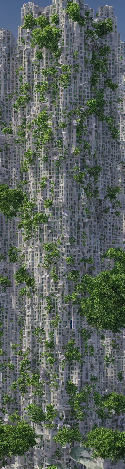 Image similar to solarpunk highrise building in the style of antoni gaudi, green terrace, architecture, octane render, realistic render, dusk lighting, architectural visualization