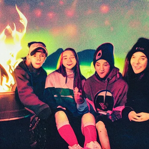 Image similar to grainy 90s poloraid photo of a young woman wearing a Synthwave style hoodie near a campfire, sitting with friends; vintage image artifacts