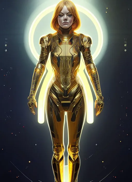 Image similar to symmetry!! portrait of emma stone, gold sci - fi armour, tech wear, glowing lights!! sci - fi, intricate, elegant, highly detailed, digital painting, artstation, concept art, smooth, sharp focus, illustration, art by artgerm and greg rutkowski and alphonse mucha