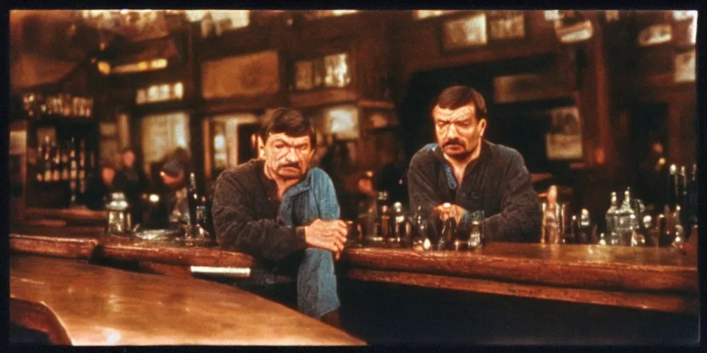 Image similar to detailed medium format photo, polaroid still from tarkovsky movie, joe rogan sitting at the bar from cheers, haze, high production value, intricate details, 8 k resolution, hyperrealistic, hdr, photorealistic, high definition, tehnicolor, award - winning photography, masterpiece, amazing colors