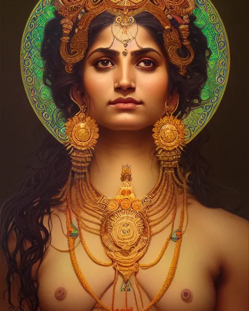 Image similar to portrait of a gaea goddess, upper body, decorated with hindu aesthetics, hindu, traditional art, intricate, elegant, highly detailed, digital painting, artstation, concept art, smooth, sharp focus, illustration, art by artgerm and greg rutkowski and alphonse mucha, 8 k