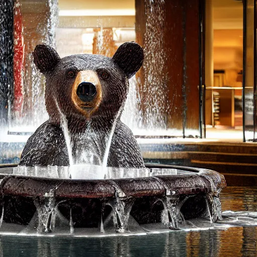 Image similar to a bear in a fountain in an empty mall, high resolution photograph, paul nicklen, atmospheric lighting