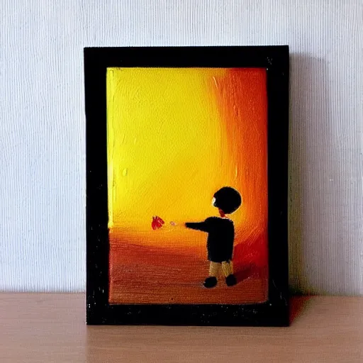 Image similar to “a little boy happy golden hour oil panting”