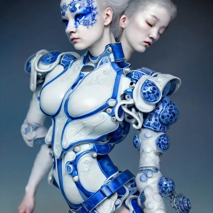 Prompt: porcelain cyborg, Chinese Blue and white porcelain exoskeleton 14th century, diffuse lighting, fantasy, intricate, elegant, highly detailed, lifelike, photorealistic, digital painting, artstation, illustration, concept art, smooth, sharp focus, art by John Collier and Albert Aublet and Krenz Cushart and Artem Demura and Alphonse Mucha