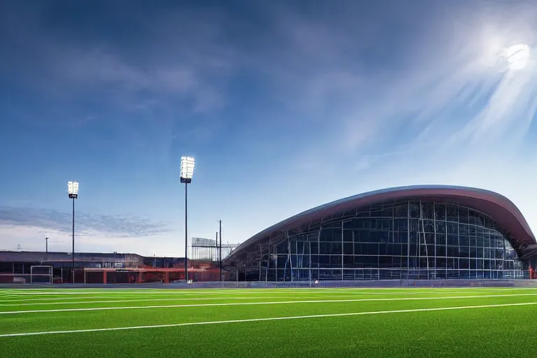 Image similar to architecture photo modern fachwerk football stadium with Elbrus mountain on the background, architecture, photorealism 8k , shining and happy atmosphere, uplight, high details