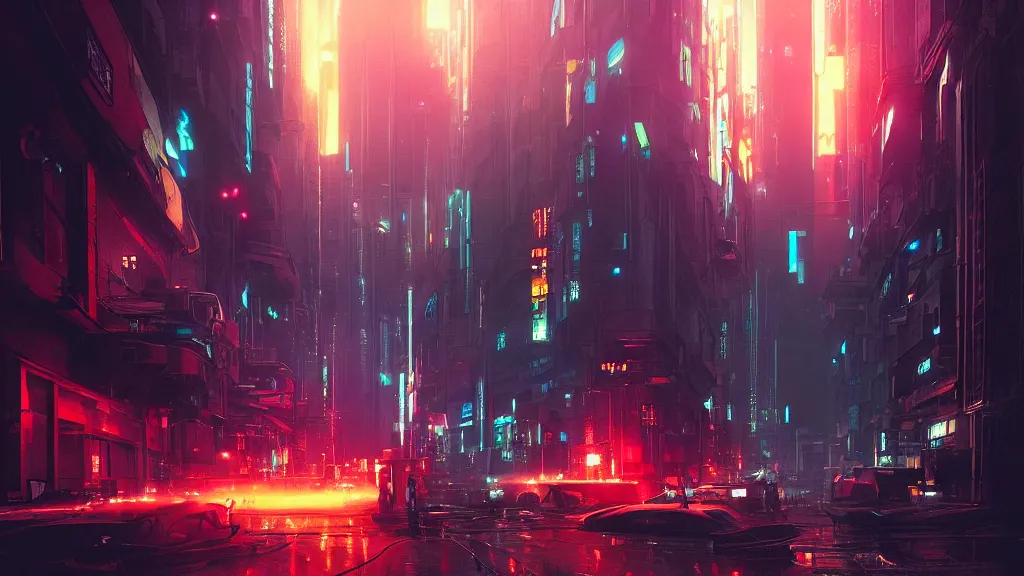 Image similar to cyberpunk city streets at night, digital illustration by greg rutkowski, android netrunner, fire, colored lighting