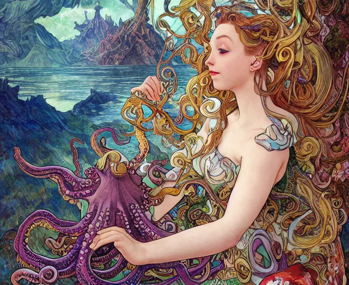 Prompt: portrait of an octopus themed wiman, full body shot, rule of thirds, amazing landscape in background, fantasy, whimsical, horror, art by riot games and chengwei pan and josephine wall and amanda sage and alphonse mucha, intricately detailed, highly detailed, luxurious, elegant, clean, unsettling, trending on artstation