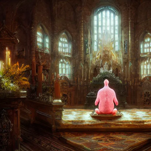 Image similar to patrick starfish meditates on the altar, hyperrealism, no blur, 4 k resolution, ultra detailed, style of ron cobb, adolf hiremy - hirschl, ismail inceoglu, rene margitte