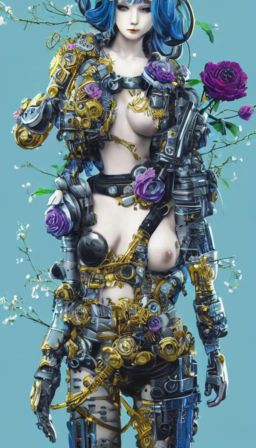 Image similar to full body head to toe portrait of a flowerpunk sci-fi cyborg ninja, third person, D&D, sci-fi fantasy, intricate, blue and gold, daisy and rose and peony, highly detailed, art by Range Murata, highly detailed, 3d, octane render, bright colors, digital painting, trending on artstation, sharp focus, illustration style of Stanley Artgerm, dramatic background