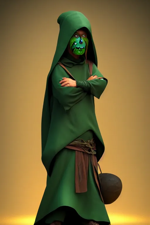 Prompt: A cute shaman with no nose, glowing eyes and a very long hooded dark green cloak of leaves by Julien Kaspar, 3D render, stylized, Cycles Render