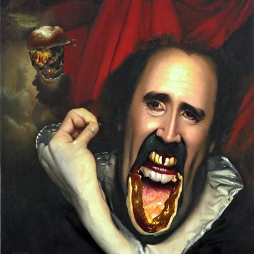 Prompt: surreal grotesque kitsch low-brow portrait of Nicolas Cage emerging from deep shadows eating hamburgers, extra onions and ketchup, luscious patty with sesame seeds, figure in the darkness, serving big macs, french fry pattern ambience, Francisco Goya, painted by John Singer Sargant, Adrian Ghenie, style of Francis Bacon, highly detailed, 8k, trending on artstation