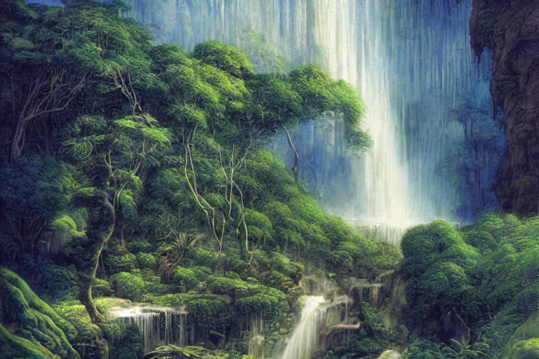 Prompt: hyperdetailed painting of a giant waterfall in the garden of eden, epic, rendered in octane, painted by alan lee, moebius, giovanni ghisolfi and jan baptist