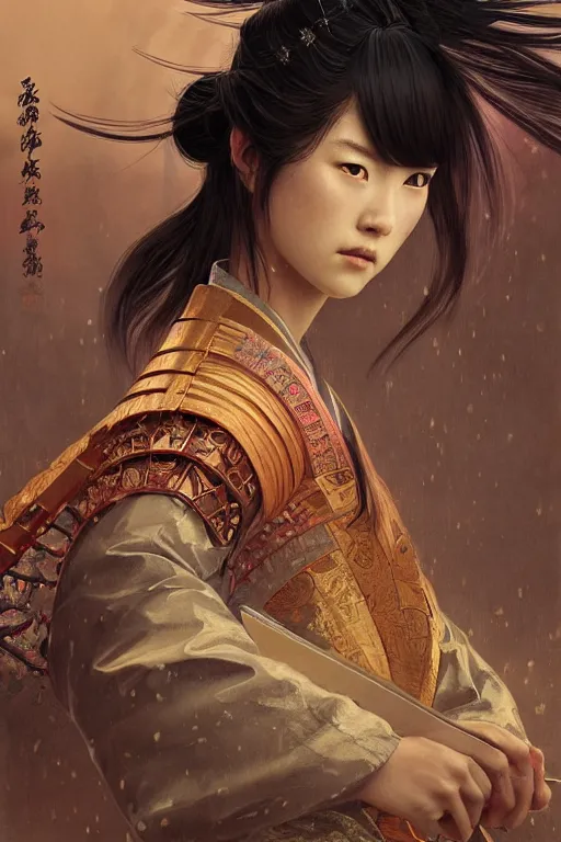 Prompt: portrait samurai warrior 4 girl, in ruin fire rainy honnoji temple night, ssci - fi and fantasy, intricate and very very beautiful and elegant, highly detailed, digital painting, artstation, concept art, smooth and sharp focus, illustration, art by tian zi and wlop and alphonse mucha