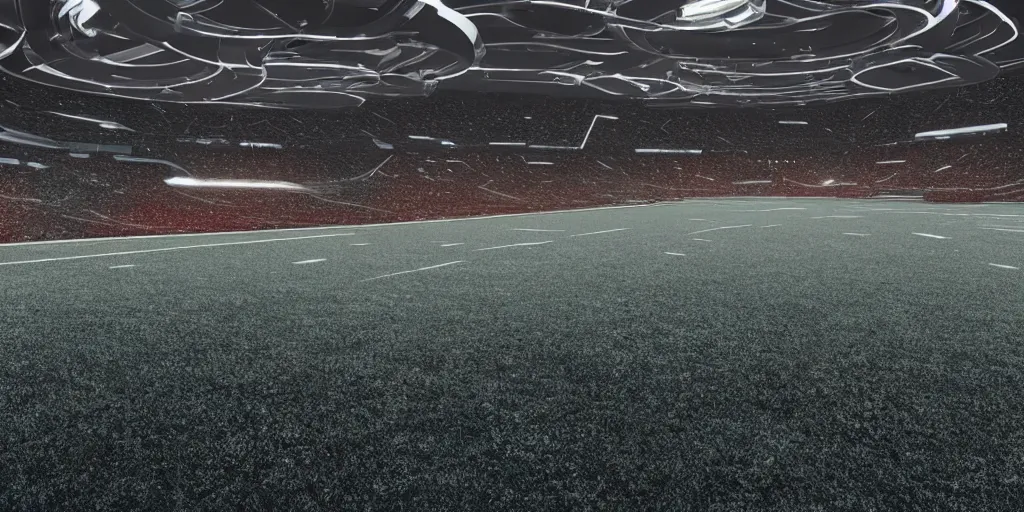 Image similar to ”futuristic american football played on a metallic arena with a chrome ball, [scifi, sports, retrofuturistic, ramps, painted lines on the floor, octane render, realistic, violent, detailed, photography]”