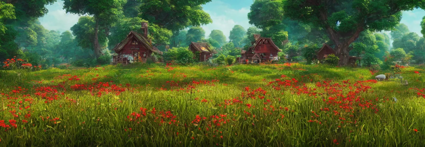 Prompt: a beautiful forest meadow village landscape flowers, crimson - black beehive, happy trees, photorealistic, octane render, rtx, hdr, unreal engine, digital art widescreen 8 k in the style of studio ghibli and bob ross and pixar and bee movie