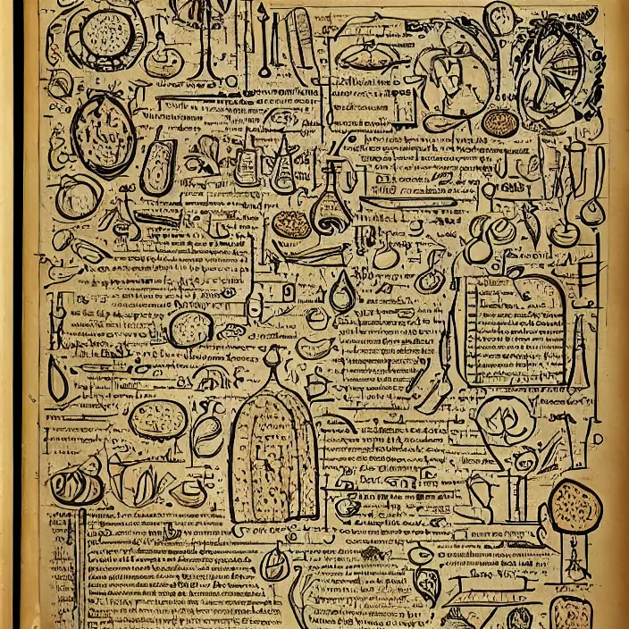 Image similar to ( ( ( ( illustrated recipe for an hamburger ) ) ) ) lot of medieval enluminures in the background explaining the recipe, found schematic in a notebook