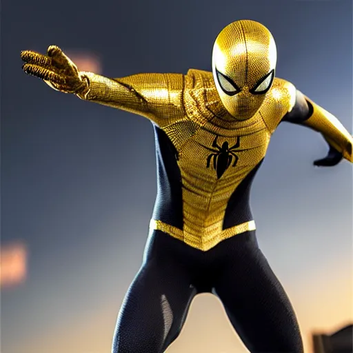 Image similar to gold spider - man suit with black web lining, cinematic, volumetric lighting, realistic, hyperdetailed, photorealistic, photograph