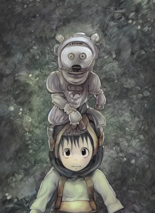 Image similar to beautiful little boy wearing an cyborg bear suit, artwork in kentaro miura and made in abyss and rosdraws, smooth, beautiful lightness, anatomically correct, trending on pixiv, forest