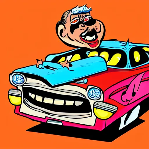 Prompt: Jeff DeGrandis Dragfink.com Ed 'BIG DADDY' Roth GIGANTIC-Rat, oversized hero character art, Driving a Hotrod, crazy racer spinning, burnout, smokey tires, classic-cult-comic-style, hand drawn svg, vector artwork