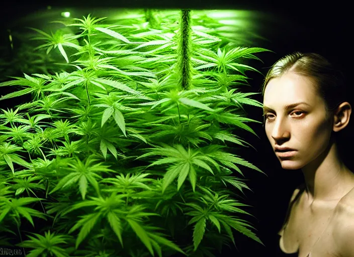 Image similar to photo, young female marijuana grower, illegal basement marijuana farm, hydroponic lights, stefan kostic and david cronenberg, realistic, sharp focus, 8 k high definition, intricate, chiaroscuro, elegant, perfect faces, symmetrical face, extremely detailed, hypnotic eyes, realistic, fantasy art, masterpiece zdzislaw beksinski, artgerm