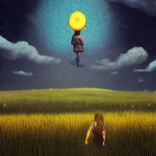 Image similar to giant daisy flowers as a head, girl walking in wheat field, hills, surreal photography, moon light, dark night, star trails, dramatic light, impressionist painting, clouds, digital painting, artstation, simon stalenhag