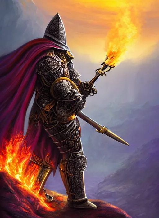 Image similar to a knight in armor decorated with roses and gold holds a flaming sword on a cliff as he watches a violet sunrise on an alien planet. by Ciryl Rolando, hyperrealistic illustration, digital art, studio lightning, very detailed faces