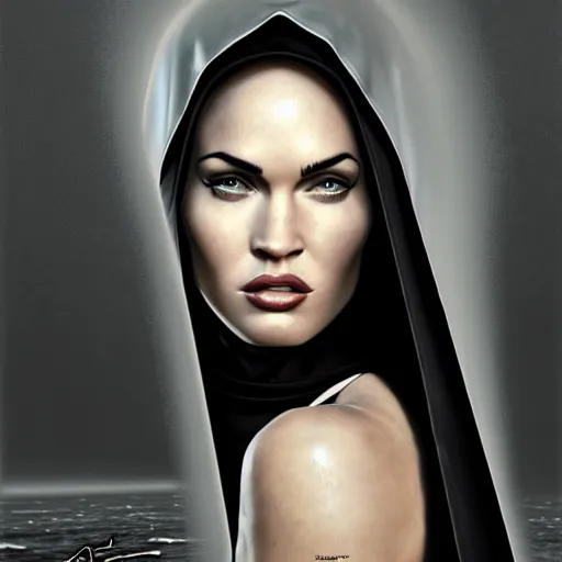 Image similar to portrait of megan fox as a nun, in tight black robe, muscular upper body, collar, greek, jewelry, black dress, fantasy, intricate, elegant, highly detailed, digital painting, artstation, concept art, matte, sharp focus, illustration, art by aenaluck and roberto ferri and greg rutkowski, epic fantasy, digital painting