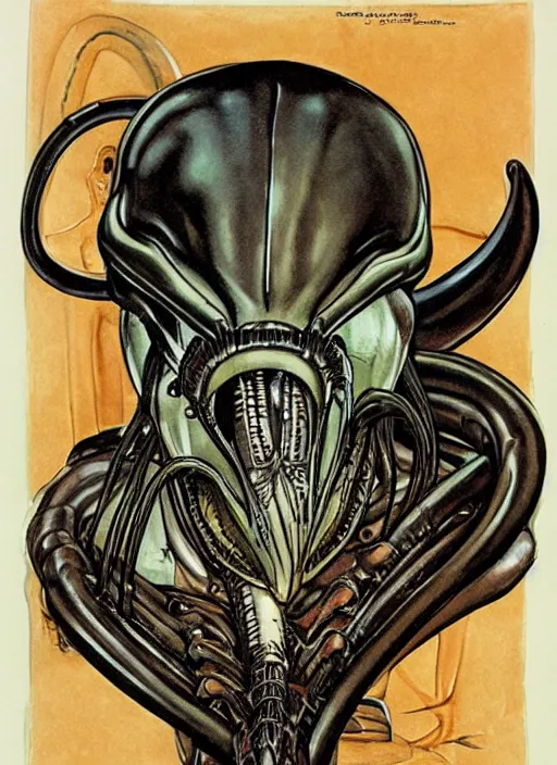 Image similar to a copic maker art nouveau portrait of a xenomorph by norman rockwell and giger