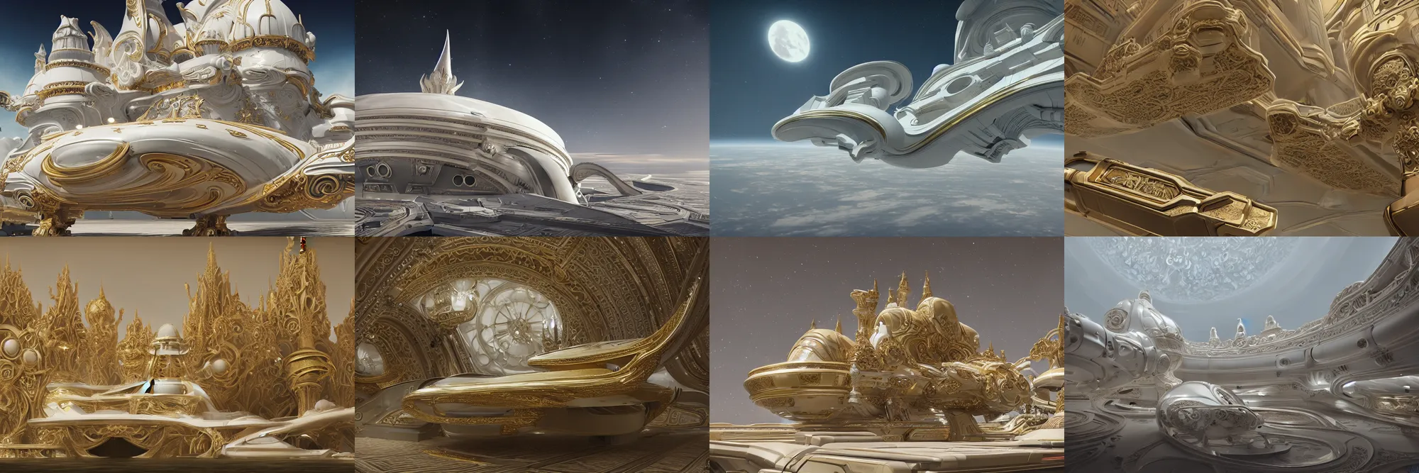 Prompt: exterior shot of a vast starship cruising in space, made of white ivory with detailed gold baroque ornamentation and filigree, trending on ArtStation, very detailed, octane render, Greg Rutgowski, Jodorwoski's Dune, David Lynch, postmodernist baroque industrial design, 4K, French Nouveau, gothic baroque space ship