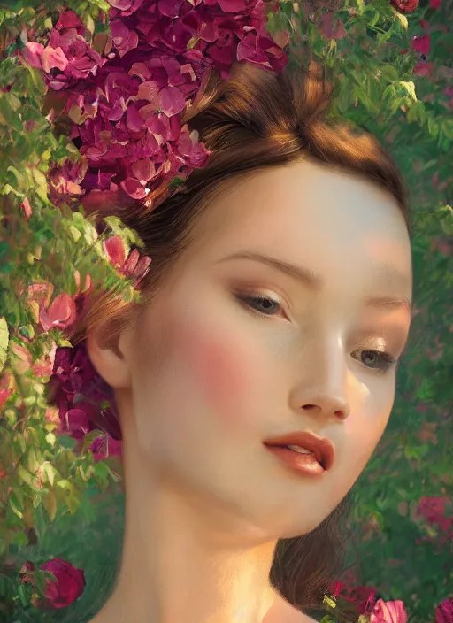 Image similar to stunningly beautiful face, prima ballerina in rose garden, symmetrical face, tutu, golden hour, smooth, focus, highly detailed, hyper realistic, dramatic lighting, elegant, intricate, concept art, art by wlop, mars ravelo, greg rutowski, artstation