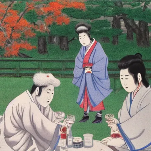 Image similar to two playboys drinking sake in a parc, Jigoku zoshi