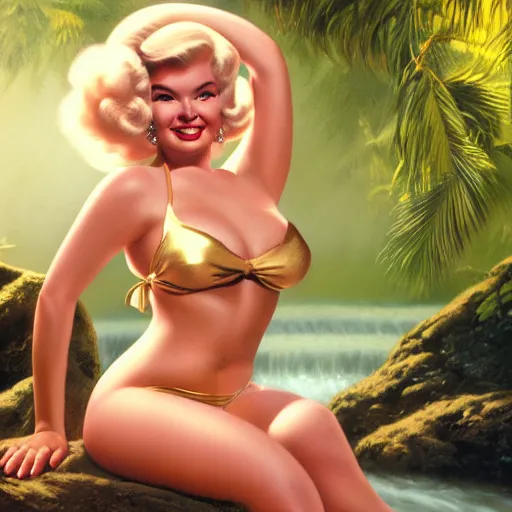 Image similar to a very beautiful oil painting of jayne mansfield under a tropical waterfall, full body, pale pink bikini, cinematic lightning, golden hour, medium shot, mid - shot, cryengine, raytracing, 4 k, cinematic wallpaper by gil elvgren, robert maguire, rudolf belarski, marc simonetti, and sakimichan