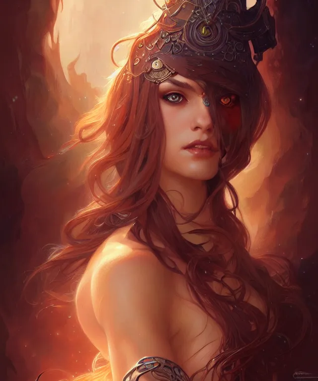 Image similar to fantasy magic woman portrait, sci-fi, amber eyes, face, long hair, fantasy, intricate, elegant, highly detailed, digital painting, artstation, concept art, smooth, sharp focus, illustration, art by artgerm and greg rutkowski and alphonse mucha