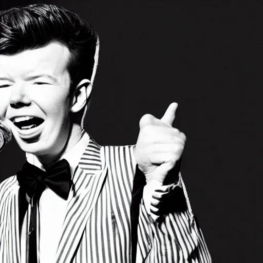 Image similar to young Rick Astley singing into a microphone, dancing, black suit, striped shirt, white background, colored photograph, 4k