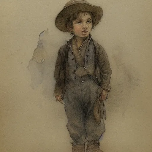 Prompt: portrait of a child standing and facing front looking strait ahead with a clear detailed face a muted color watercolor sketch of story book character ifrom the book Baltimore & Redingote by Jean-Baptiste Monge of an old man in the style of by Jean-Baptiste Monge that looks like its by Jean-Baptiste Monge and refencing Jean-Baptiste Monge