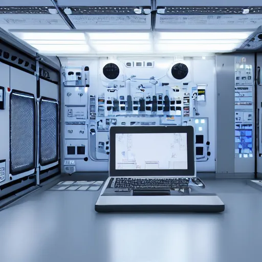 Prompt: space laboratory, cozy, simple, computer control panel, counter with future science technology, reflective surfaces, unreal engine 5 tech demo, unsplash