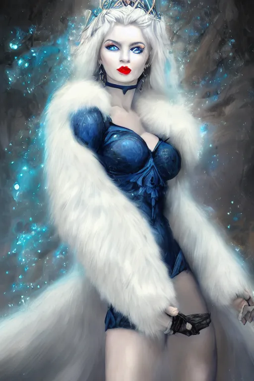 Prompt: Full body Portrait of a female cryomancer, pale white skin, dark blue eyes, gorgeous lady, sky-blue thick fur robes, beautiful sculptured face, dark blue lipstick, kissing smile, pillars of ice background, extremely detailed, by frank franzzeta, WLOP, Genzoman and gary gygax, trending on artstation, artstationHD, artstationHQ, deviantart, 16K, HD, matte painting, vibrant colors