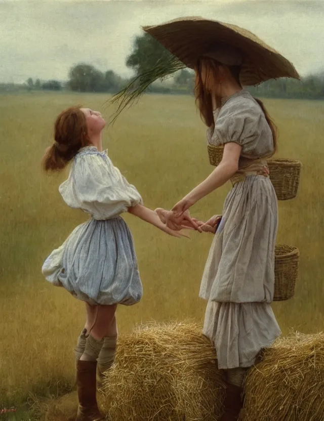 Image similar to two peasant girl kiss over a of hay, lolita style, Cottage core, Cinematic focus, Polaroid photo, vintage, neutral colors, soft lights, foggy, by Steve Hanks, by Serov Valentin, by Andrei Tarkovsky, by Terrence Malick, 8k render, detailed, oil on canvas