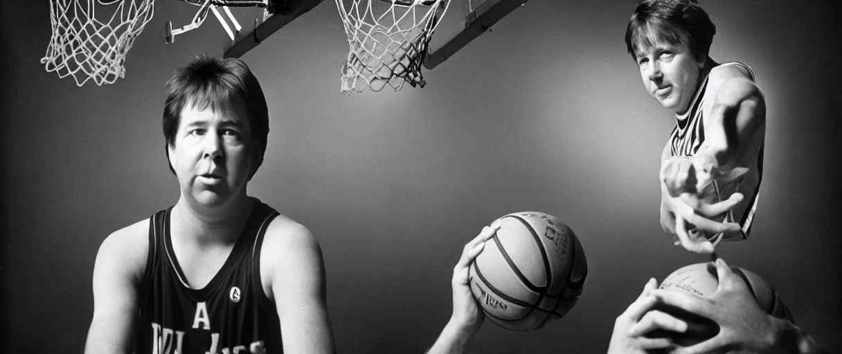 Image similar to award winning photo of bill hicks playing basketball in the hood and smoking weed, vivid colors, happy, symmetrical face, beautiful eyes, studio lighting, wide shot art by Sally Mann & Arnold Newman