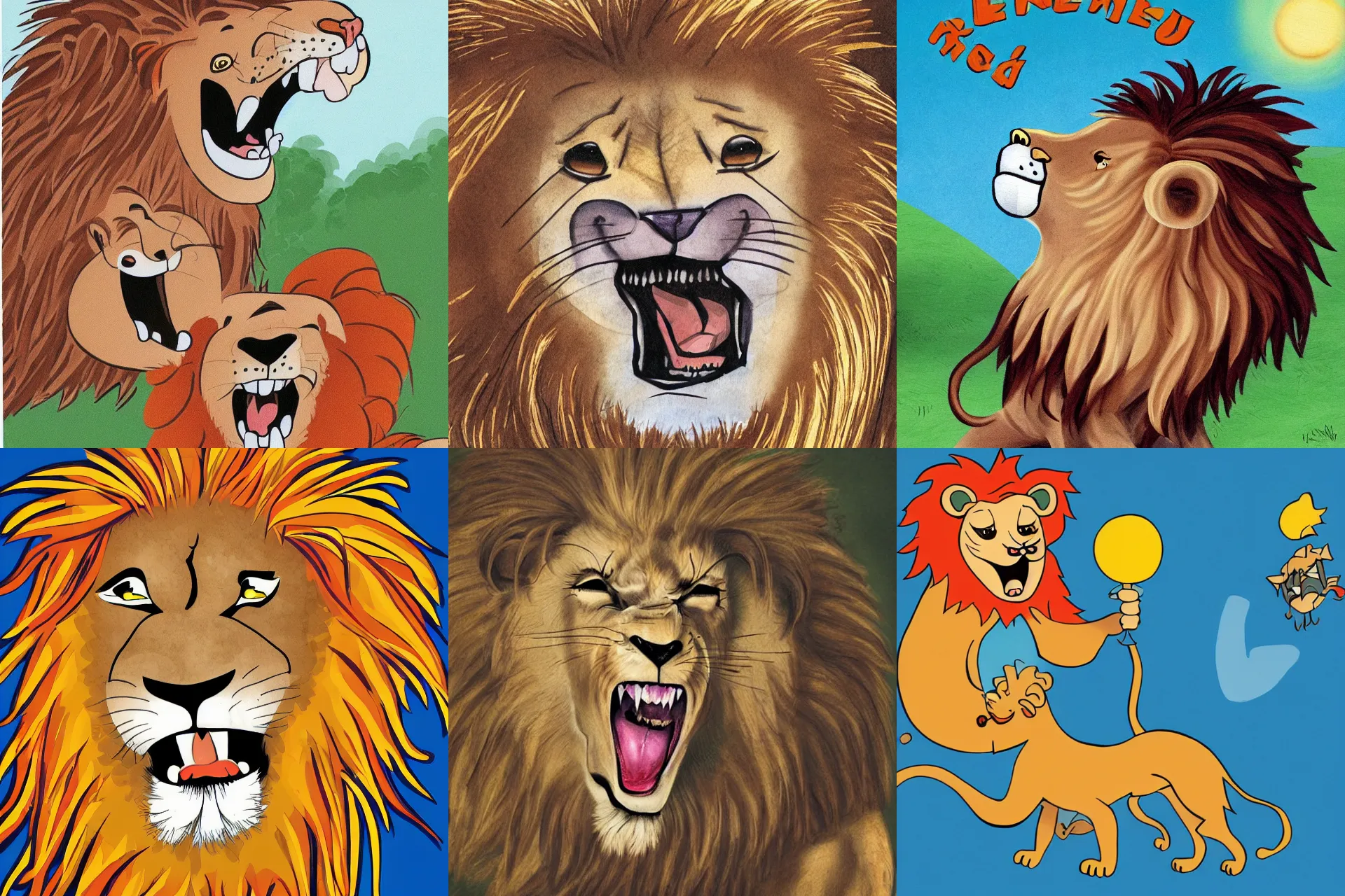 Prompt: an angry lion as a children's book ilustratio