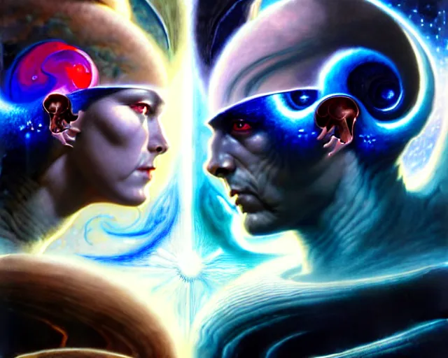 Prompt: the battle of light and dark, gemini facing each other, fantasy character portrait made of fractals, ultra realistic, wide angle, intricate details, the fifth element artifacts, highly detailed by peter mohrbacher, hajime sorayama, wayne barlowe, boris vallejo, aaron horkey, gaston bussiere, craig mullins