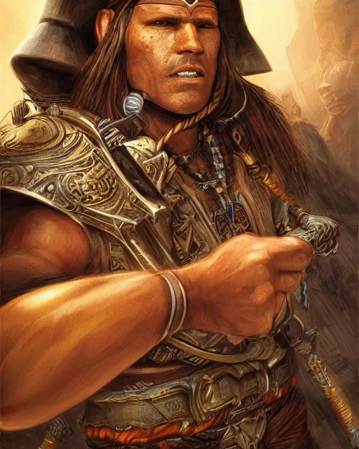 Prompt: digital painting of incan slinger warrior, by filipe pagliuso and justin gerard, symmetric, fantasy, highly detailed, realistic, intricate, portrait, sharp focus, tarot card, face, handsome, peruvian