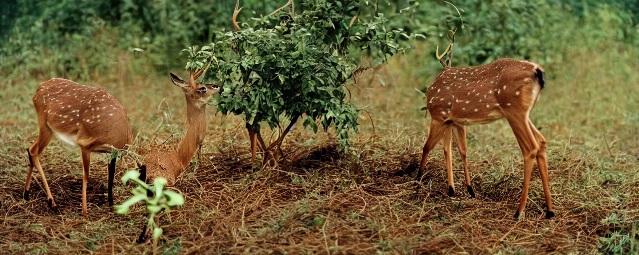 Image similar to deer eating spaghetti off a plant, in the style of national geographic, canon 5 0 mm, kodachrome, retro