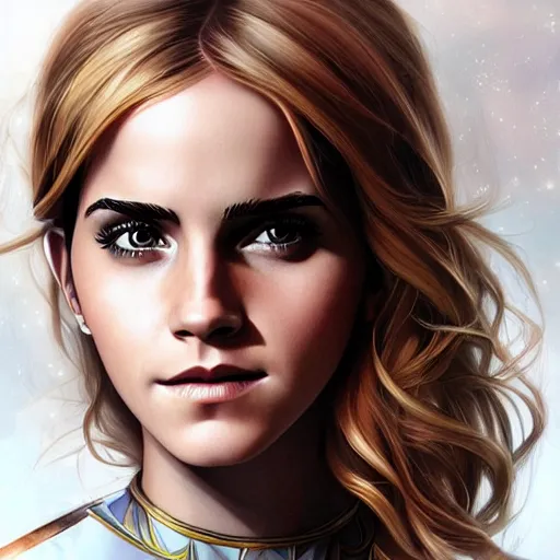 Image similar to emma watson as supergirl, realistic, intricate, elegant, art by artgerm and wlop