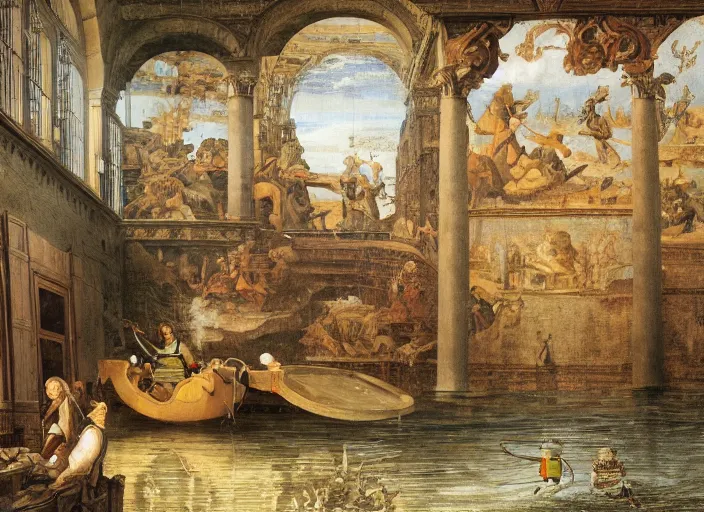 Image similar to a renaissance castle room flooded with water, a robot is sitting in a small boat in the room fishing,